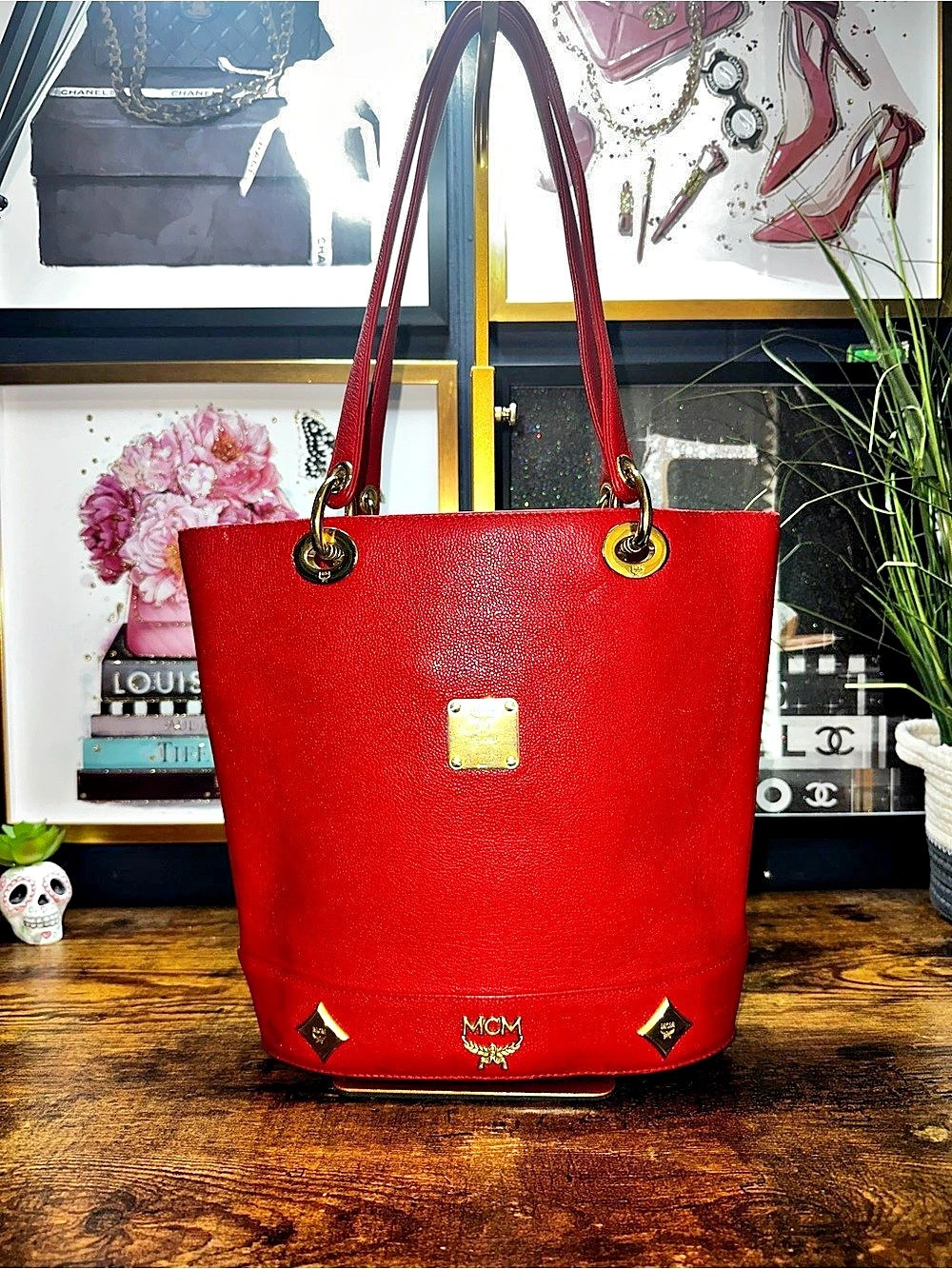MCM Red Leather Tote Bag
